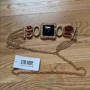 12th Tribe Gold-Tone Chain Belt with Black Center and Red Accent Stones